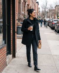 Wool-Blend Coat with Tall Stand Collar — leaving a Brooklyn bakery on a chilly Saturday