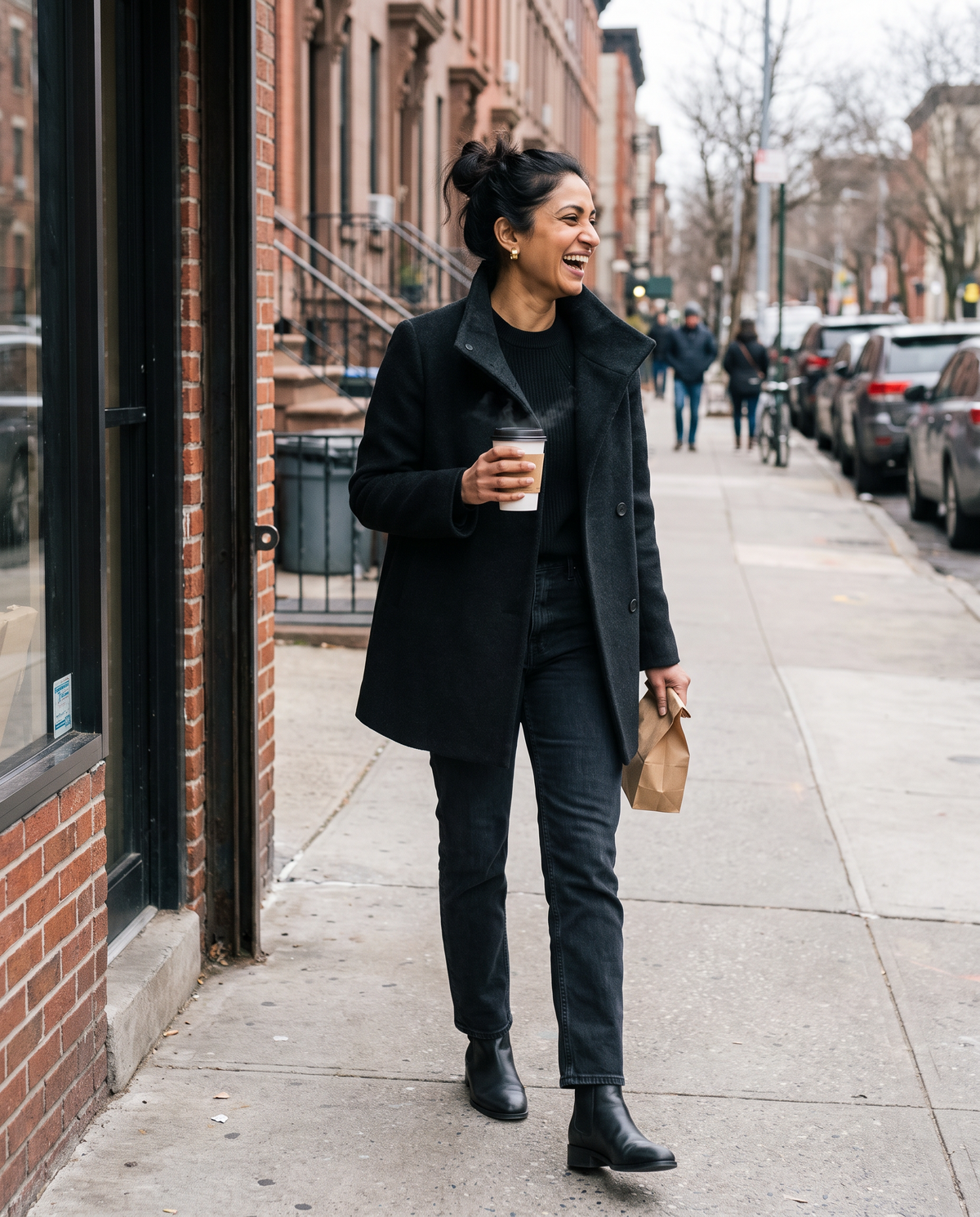 Wool-Blend Coat with Tall Stand Collar — leaving a Brooklyn bakery on a chilly Saturday