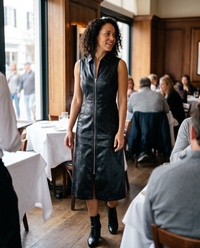Ravenwood Sleek Croc-Embossed Zip-Front Midi Dress — arriving for lunch at a Charleston restaurant