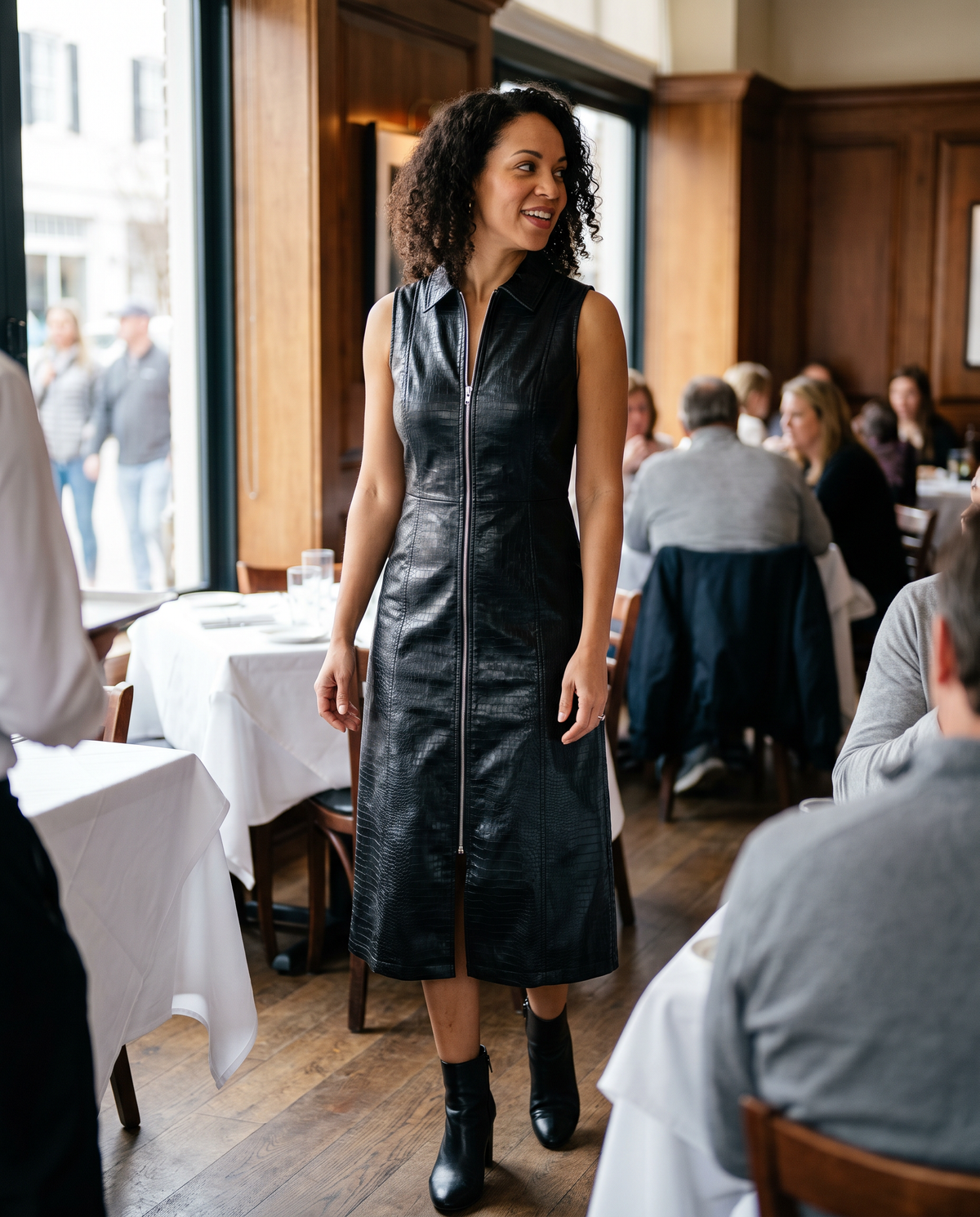 Ravenwood Sleek Croc-Embossed Zip-Front Midi Dress — arriving for lunch at a Charleston restaurant