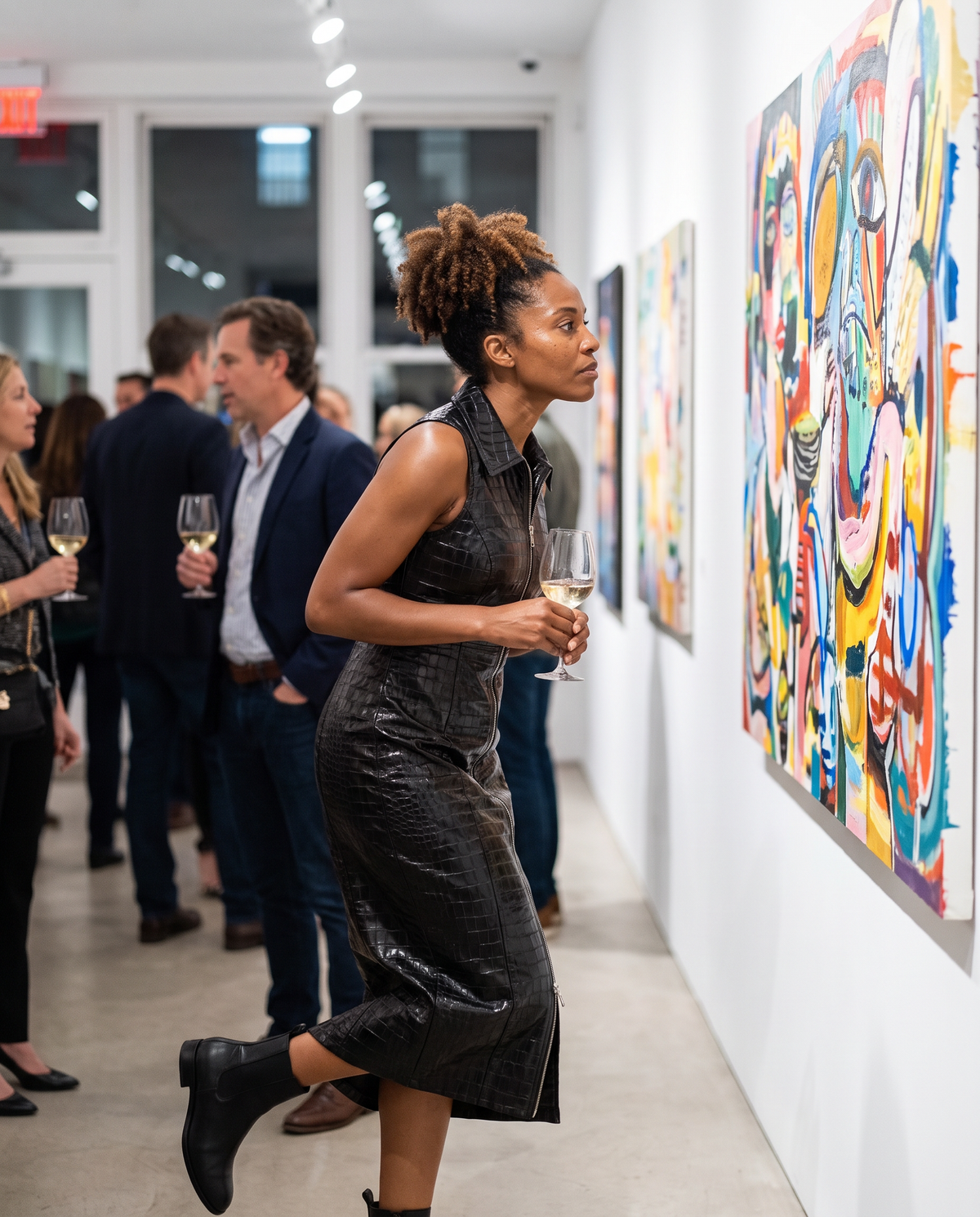 Ravenwood Sleek Croc-Embossed Zip-Front Midi Dress — at a Chelsea gallery opening