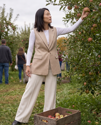 Fitzrovia Tailored Notch-Collar Blazer Vest — apple picking in an upstate New York orchard
