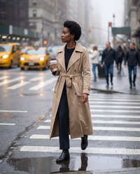 Belted Maxi Trench Coat for Women — crossing a wet Manhattan street on a misty morning