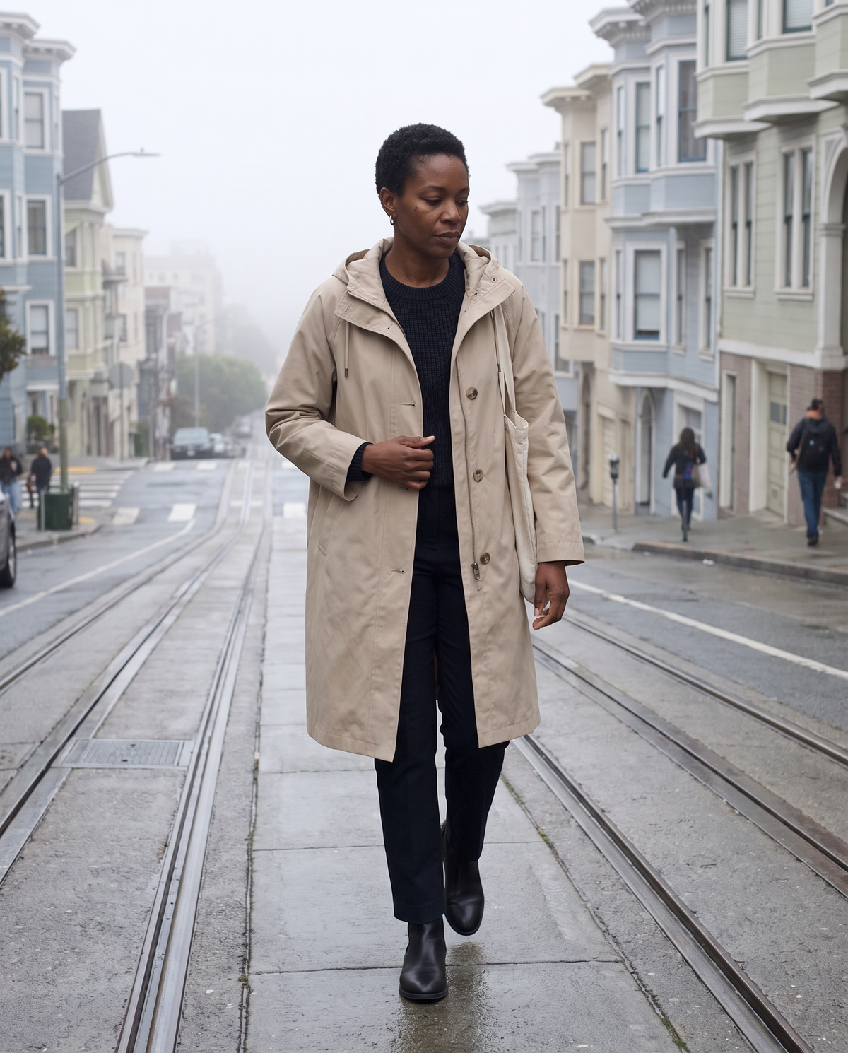 Oversized Hooded Raincoat for Women — walking up a foggy San Francisco street