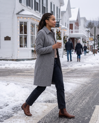 Wool-Blend Coat with Fold-Down Collar — crossing a snowy Vermont village street