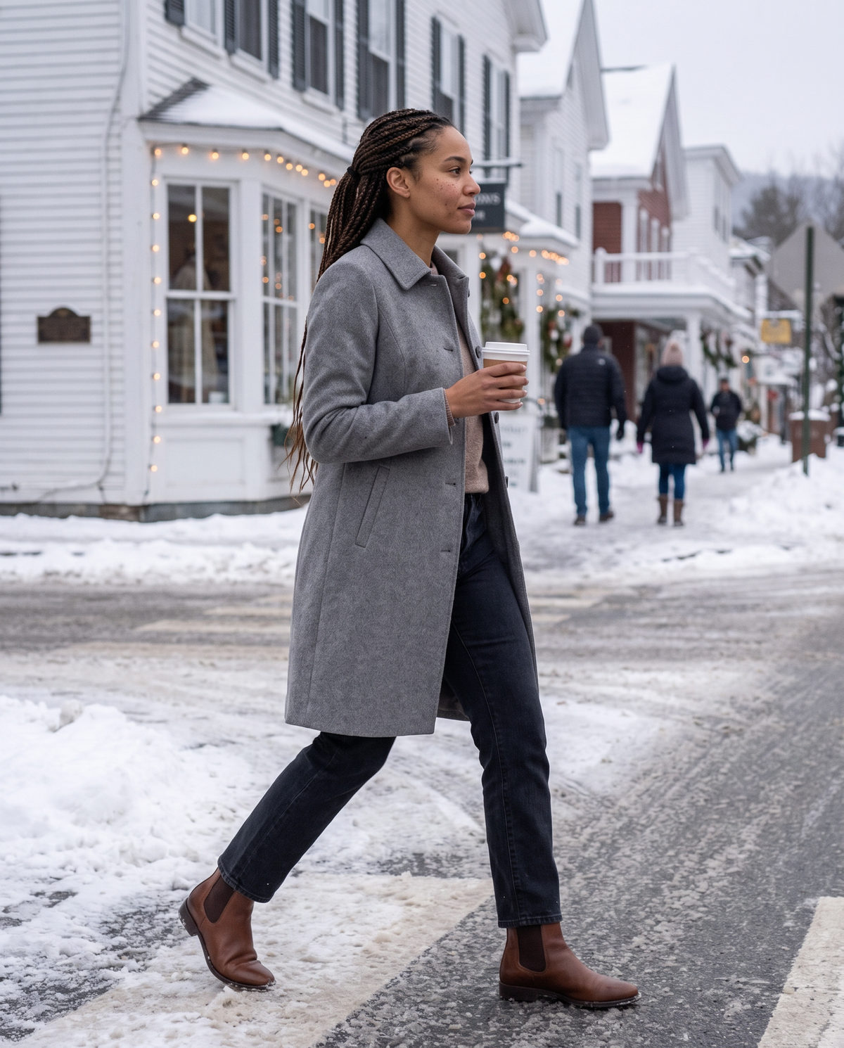Wool-Blend Coat with Fold-Down Collar — crossing a snowy Vermont village street
