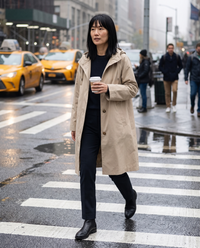 Oversized Hooded Raincoat for Women — crossing a wet Manhattan street on a misty morning