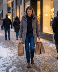 Heavyweight Waterproof Hooded Parka — carrying shopping bags on a snowy Chicago sidewalk at dusk