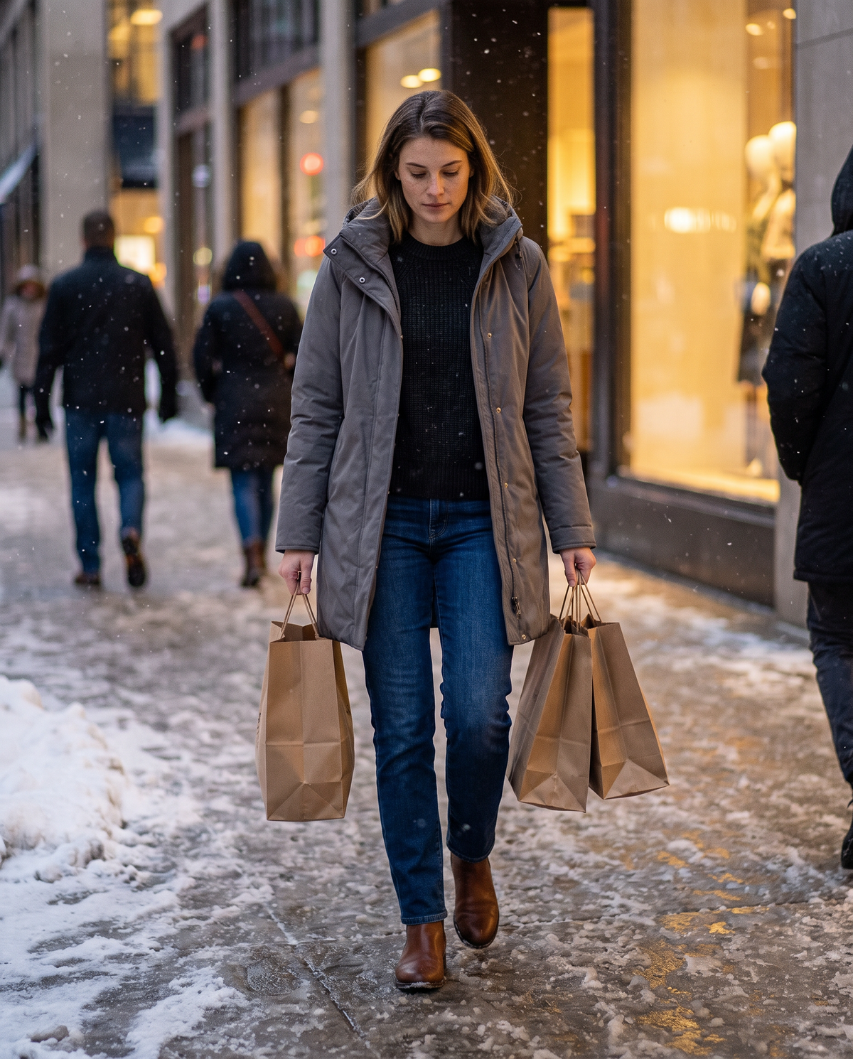Heavyweight Waterproof Hooded Parka — carrying shopping bags on a snowy Chicago sidewalk at dusk