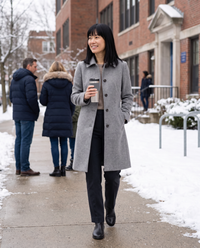 Wool-Blend Coat with Fold-Down Collar — on a snowy school run in New England