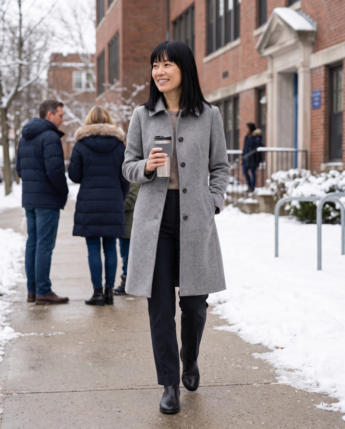 Wool-Blend Coat with Fold-Down Collar — on a snowy school run in New England