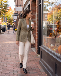 Taormina Lightweight Notched Lapel Blazer — running errands on a Connecticut main street
