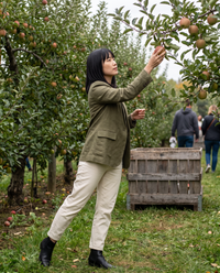 Taormina Lightweight Notched Lapel Blazer — apple picking in an upstate New York orchard