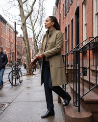 Women's Stand-Collar Coat with Deep Pockets — stepping out of a Philadelphia rowhouse on a cold morning