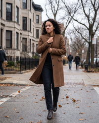 Straight-Cut Button-Front Coat for Women — walking on a windy Chicago street in late autumn