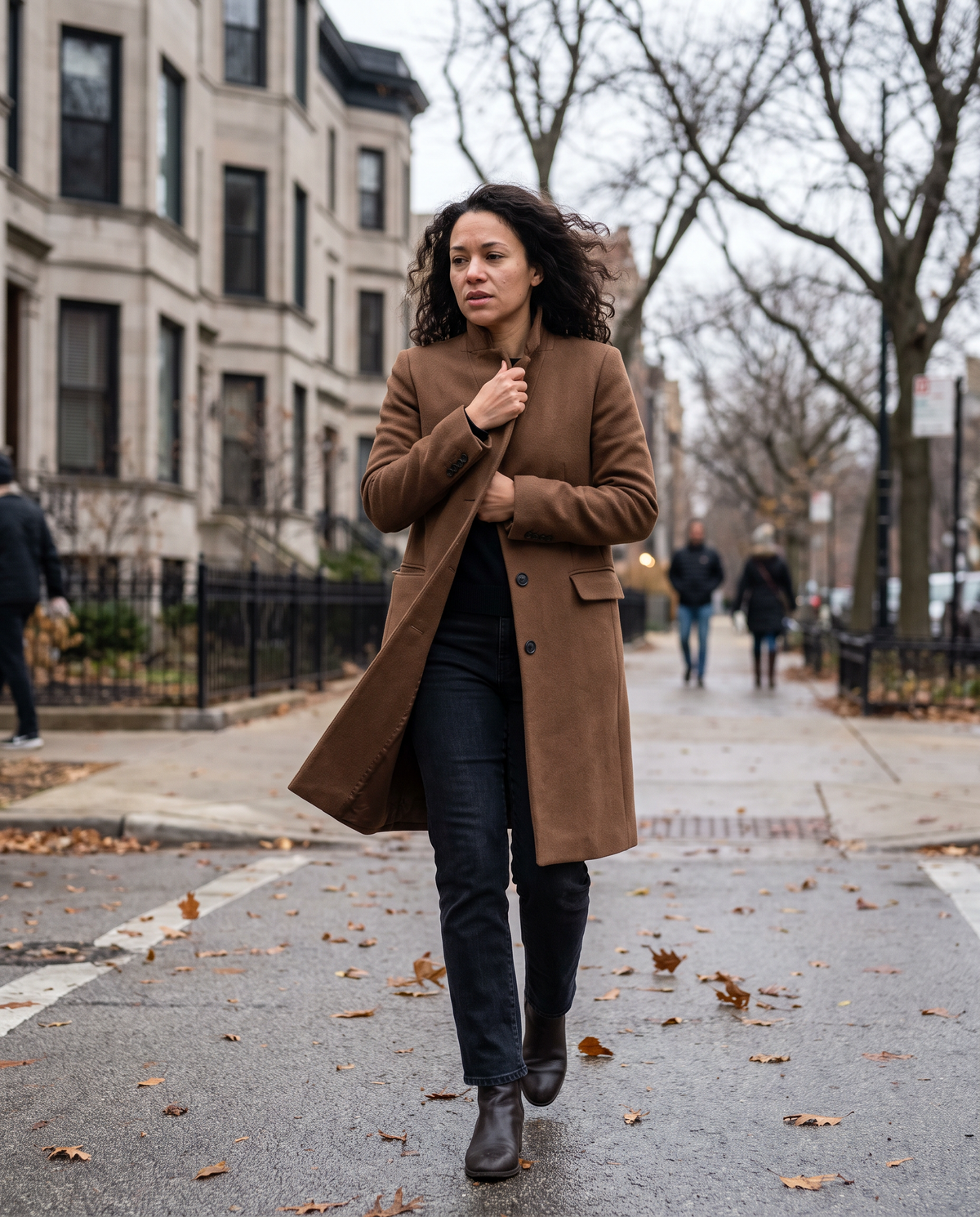 Straight-Cut Button-Front Coat for Women — walking on a windy Chicago street in late autumn