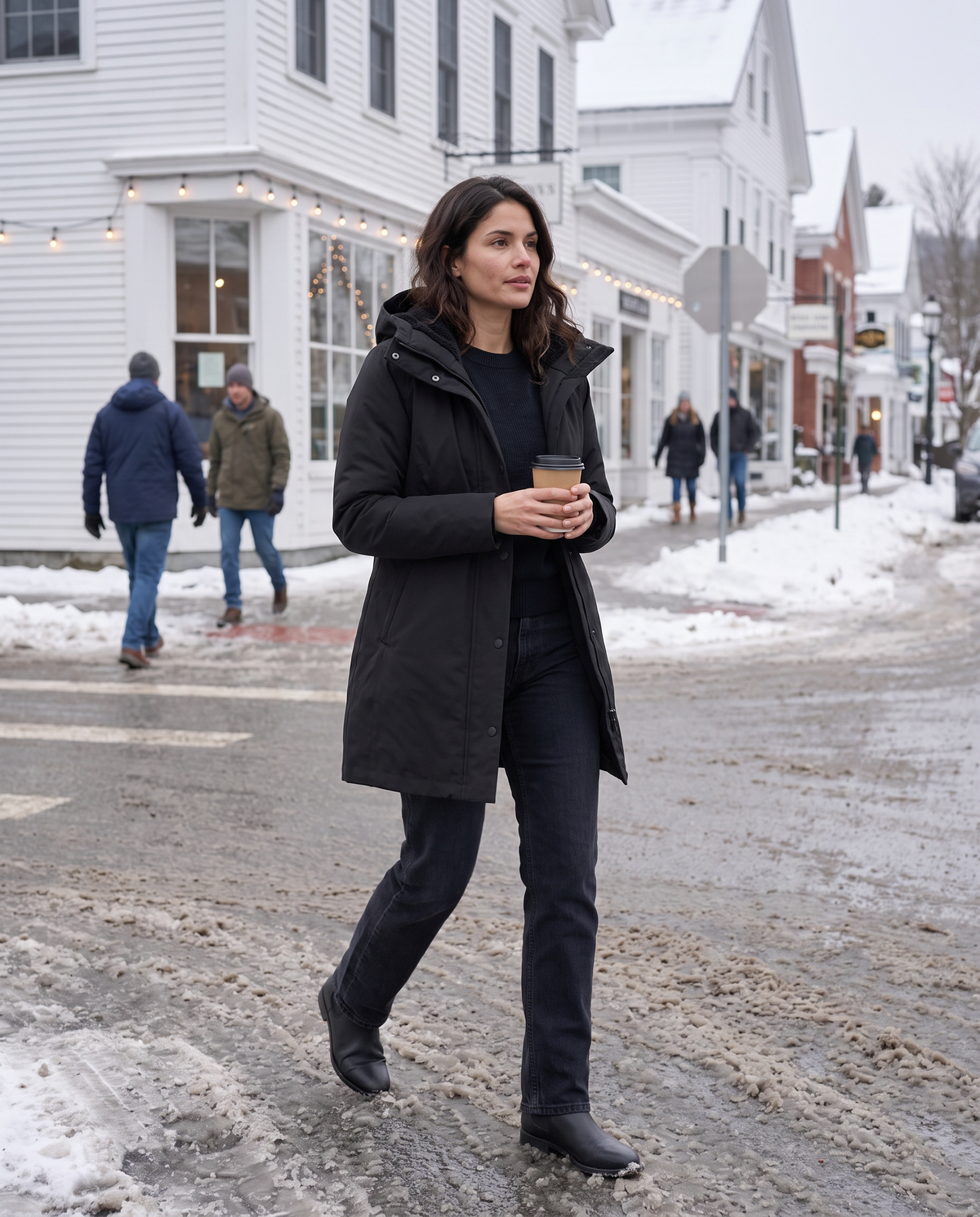 Women's Fleece-Lined Hooded Parka — crossing a snowy Vermont village street