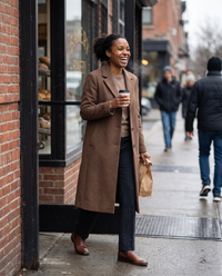 Straight-Cut Button-Front Coat for Women — leaving a Brooklyn bakery on a chilly Saturday