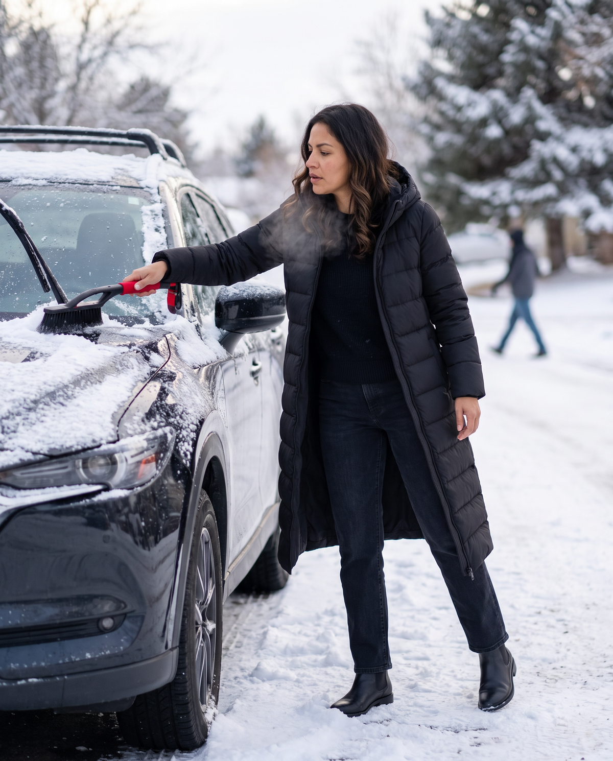 Longline Hooded Puffer Coat with Welt Pockets — clearing snow off the car on a winter morning
