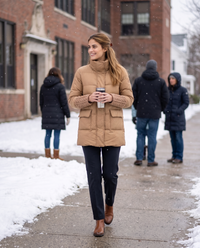 Lightweight Duck Down Puffer Coat — on a snowy school run in New England