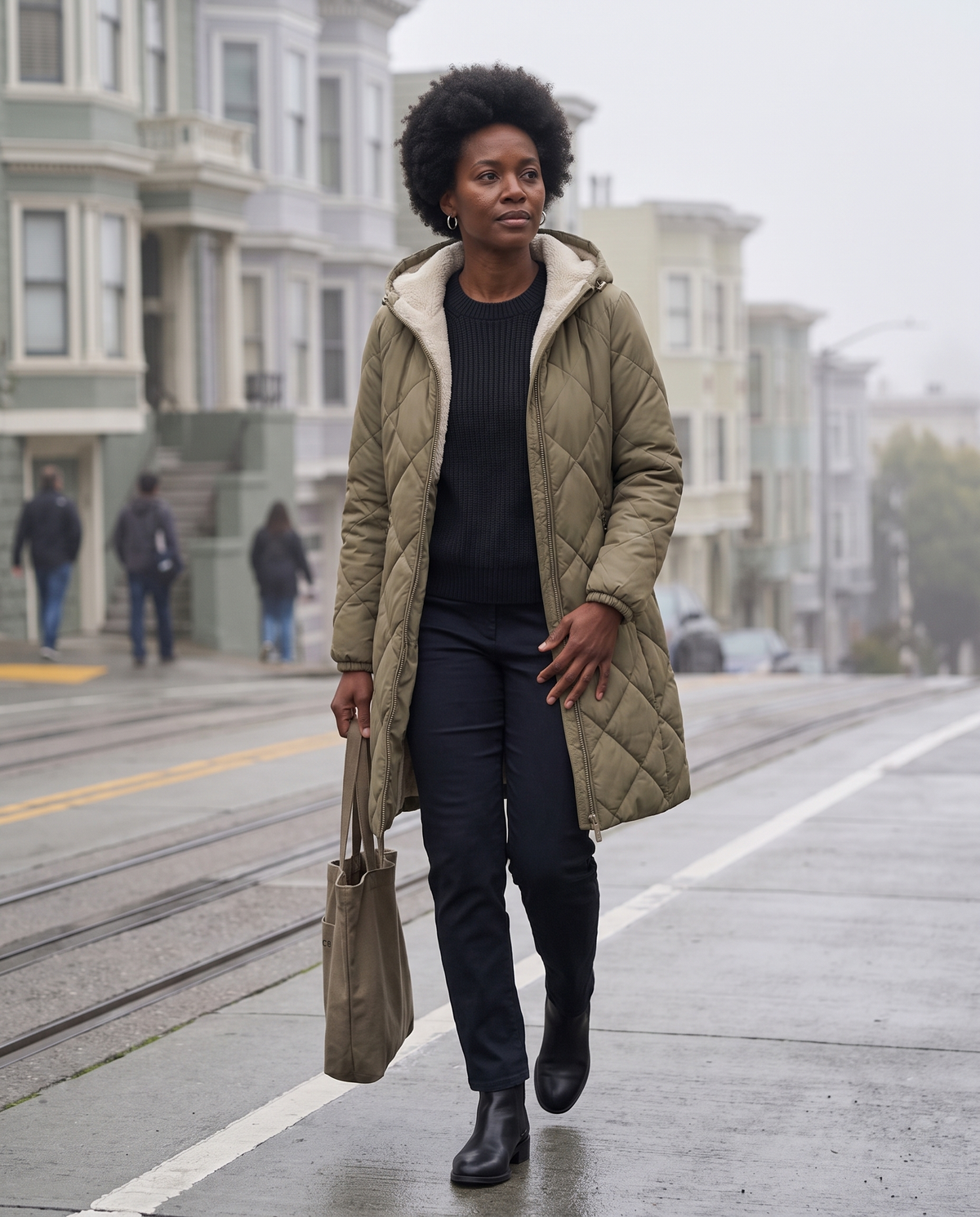 Waterproof Hooded Longline Winter Jacket — walking up a foggy San Francisco street