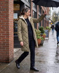 Waterproof Hooded Longline Winter Jacket — stepping out into the drizzle in Portland