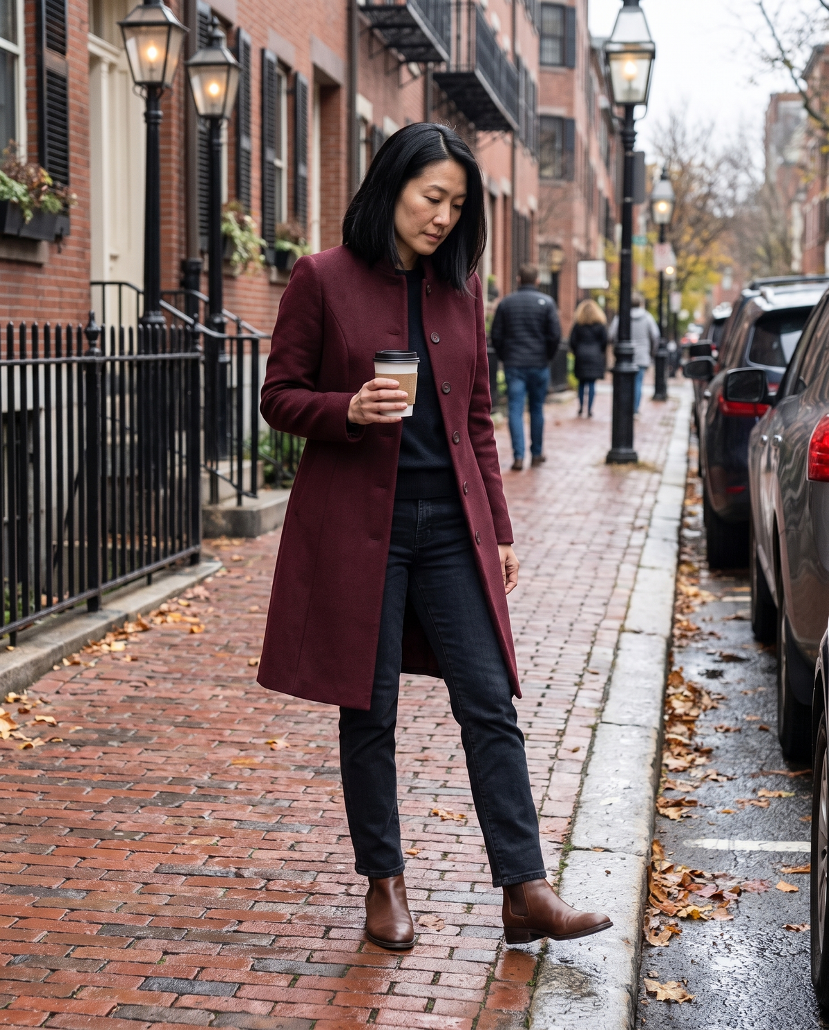 Fitted Stand-Collar Coat with Lined Body — walking on a Boston brick sidewalk on a November morning