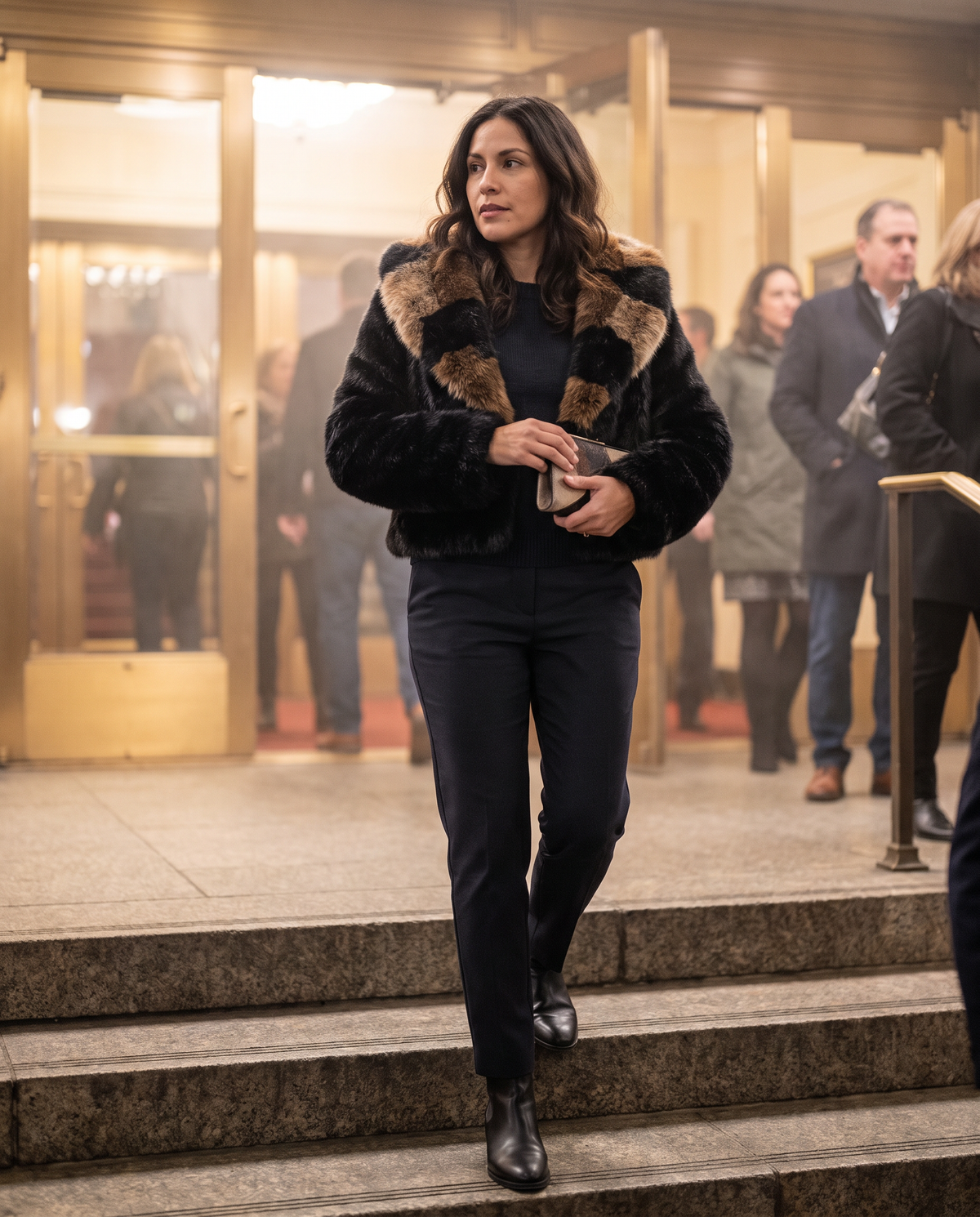 Patchwork Faux Fur Coat or Vest with Hood — leaving the theatre on a cold evening