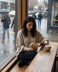 Ghent Warm Wool-Blend Draped Sweater with Asymmetric Hem — reading in a café on a rainy afternoon