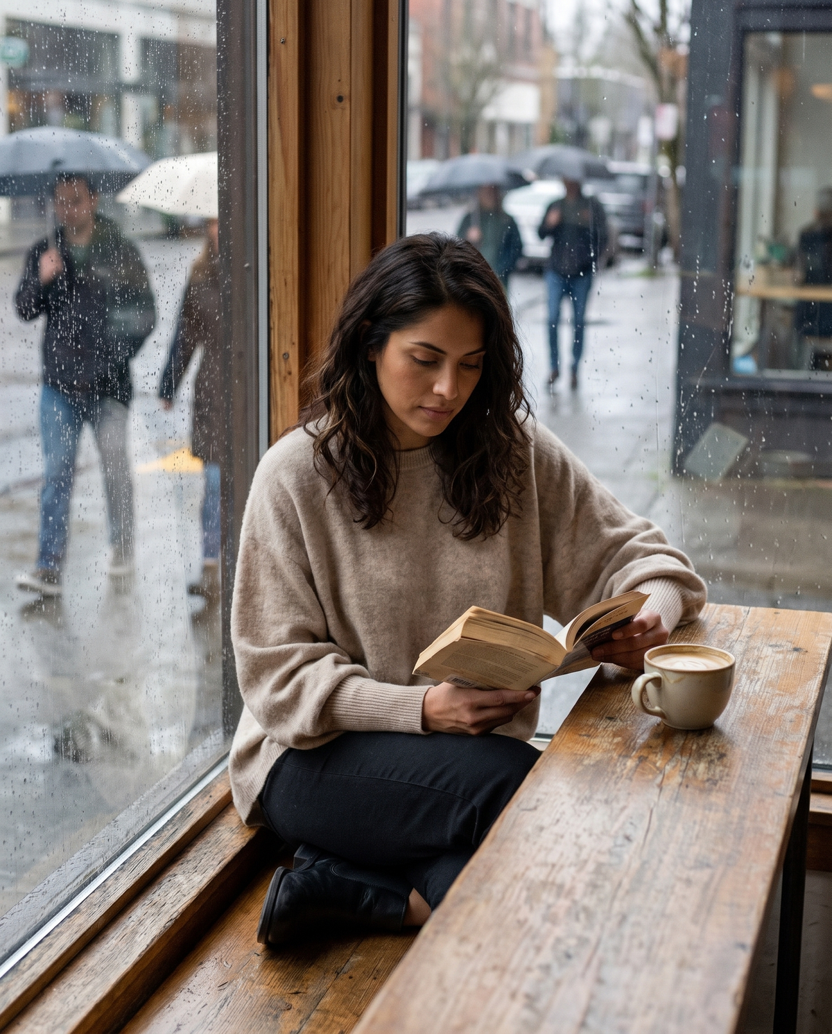 Ghent Warm Wool-Blend Draped Sweater with Asymmetric Hem — reading in a café on a rainy afternoon