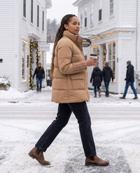 Lightweight Duck Down Puffer Coat — crossing a snowy Vermont village street