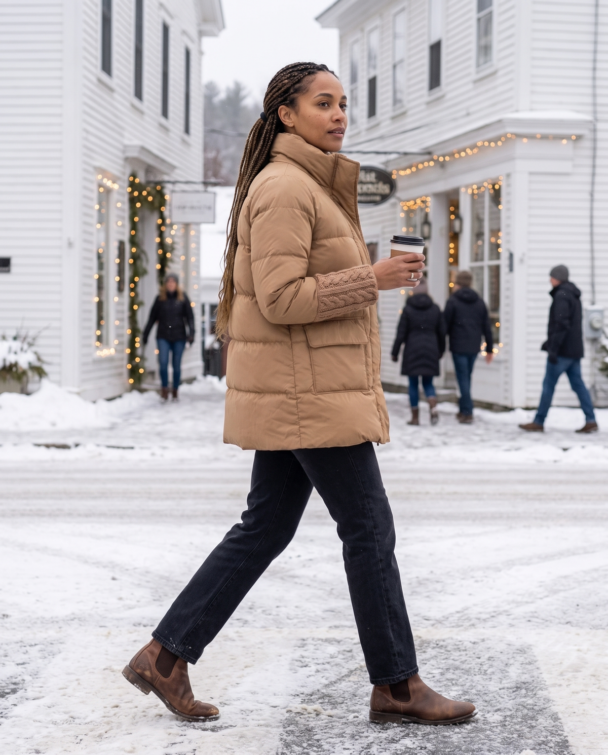 Lightweight Duck Down Puffer Coat — crossing a snowy Vermont village street