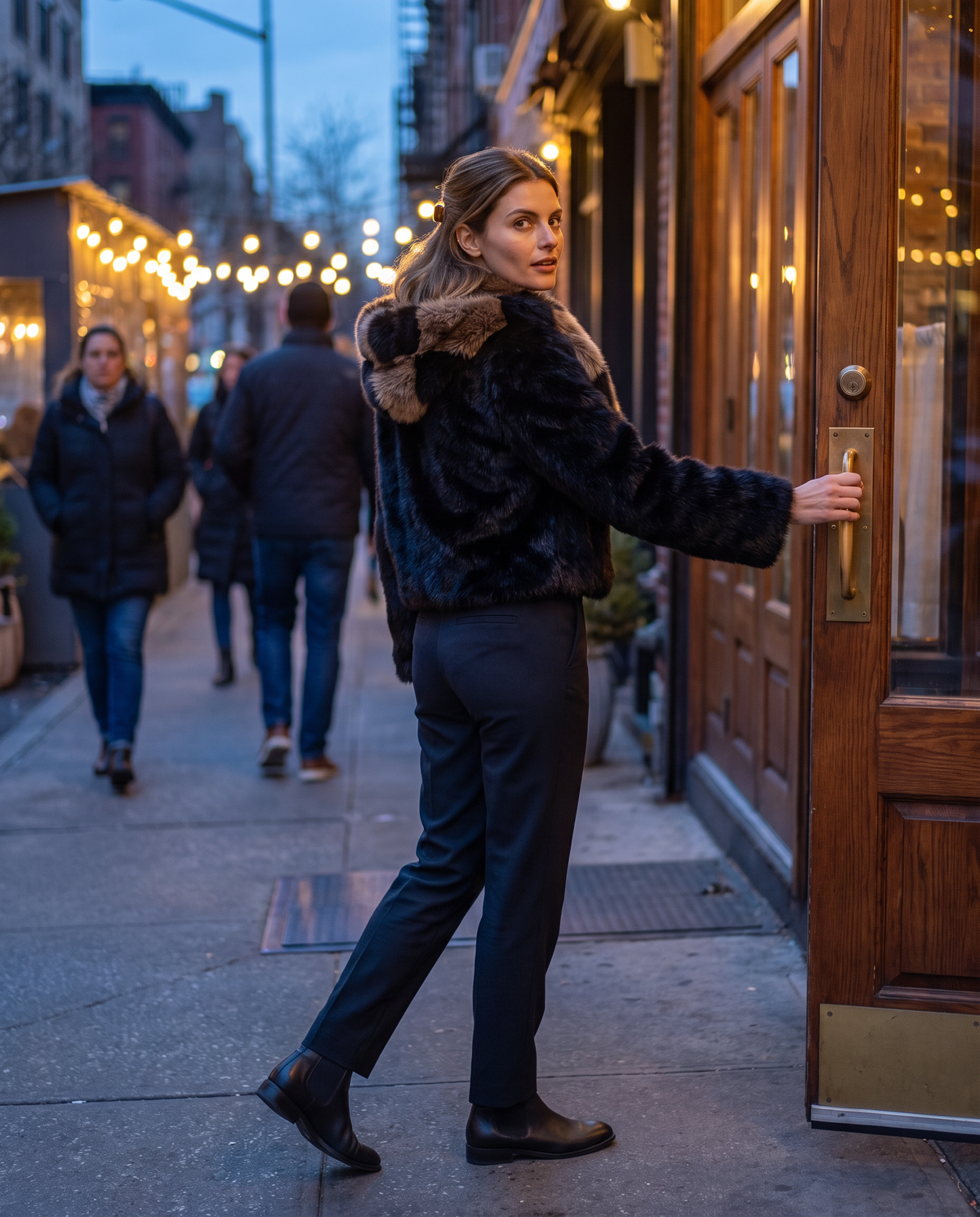 Patchwork Faux Fur Coat or Vest with Hood — arriving for dinner in the West Village
