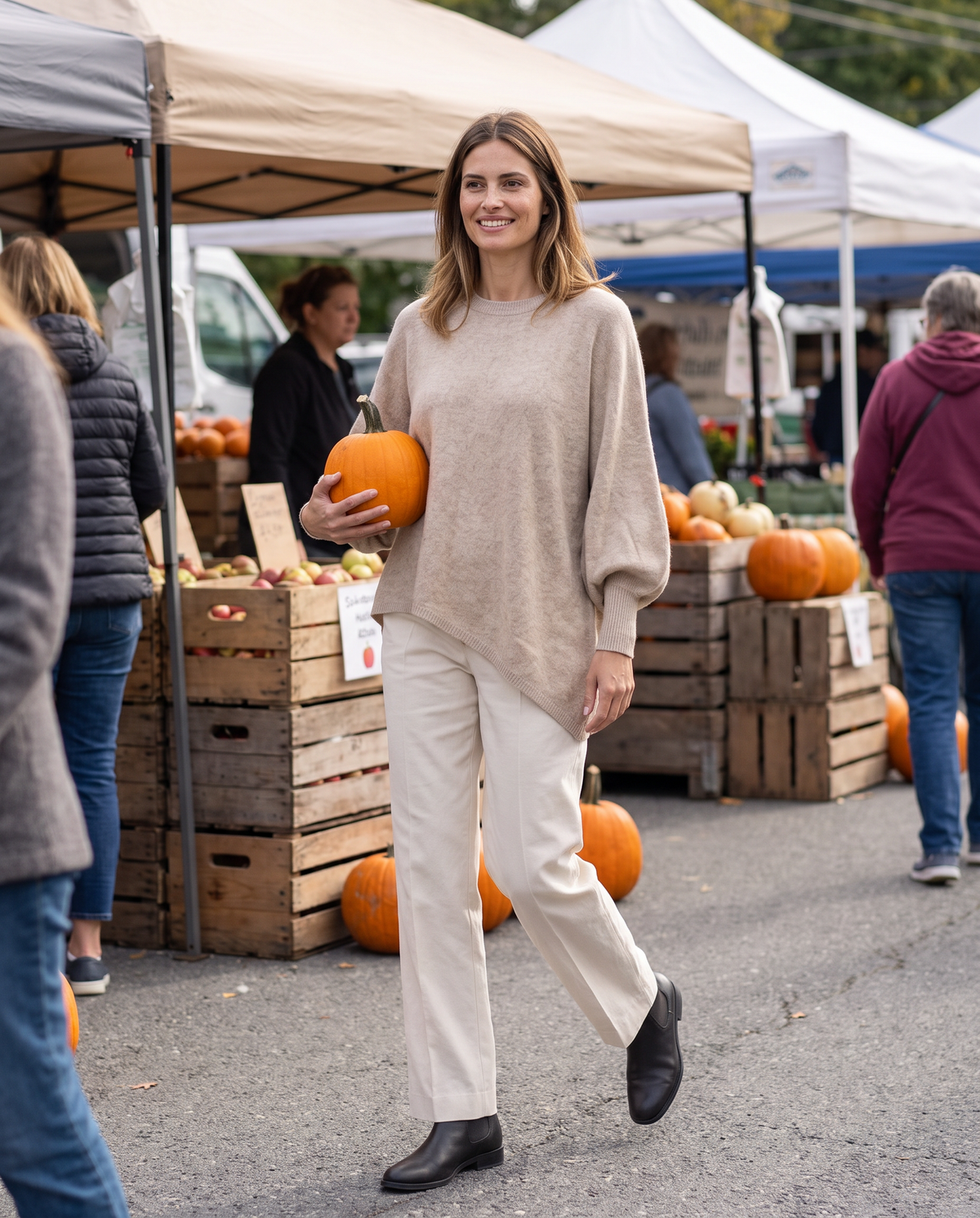 Ghent Warm Wool-Blend Draped Sweater with Asymmetric Hem — at a Hudson Valley farmers market