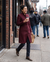 Fitted Stand-Collar Coat with Lined Body — leaving a Brooklyn bakery on a chilly Saturday