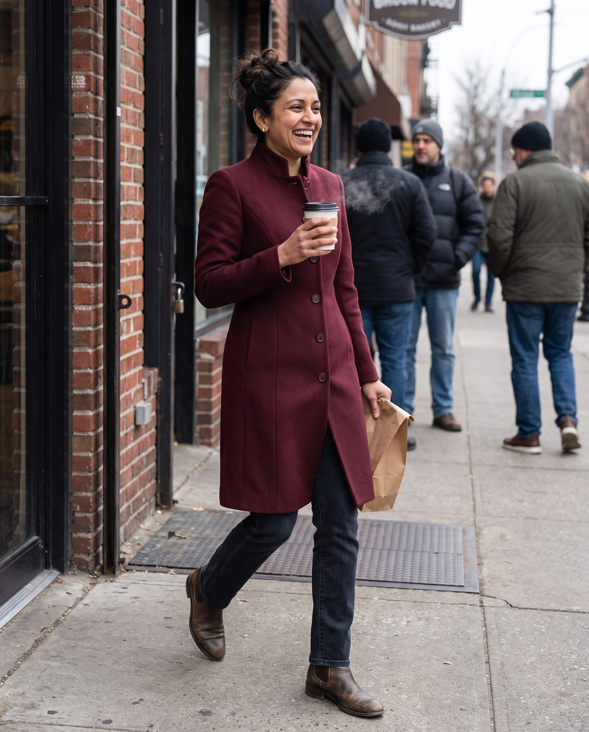 Fitted Stand-Collar Coat with Lined Body — leaving a Brooklyn bakery on a chilly Saturday