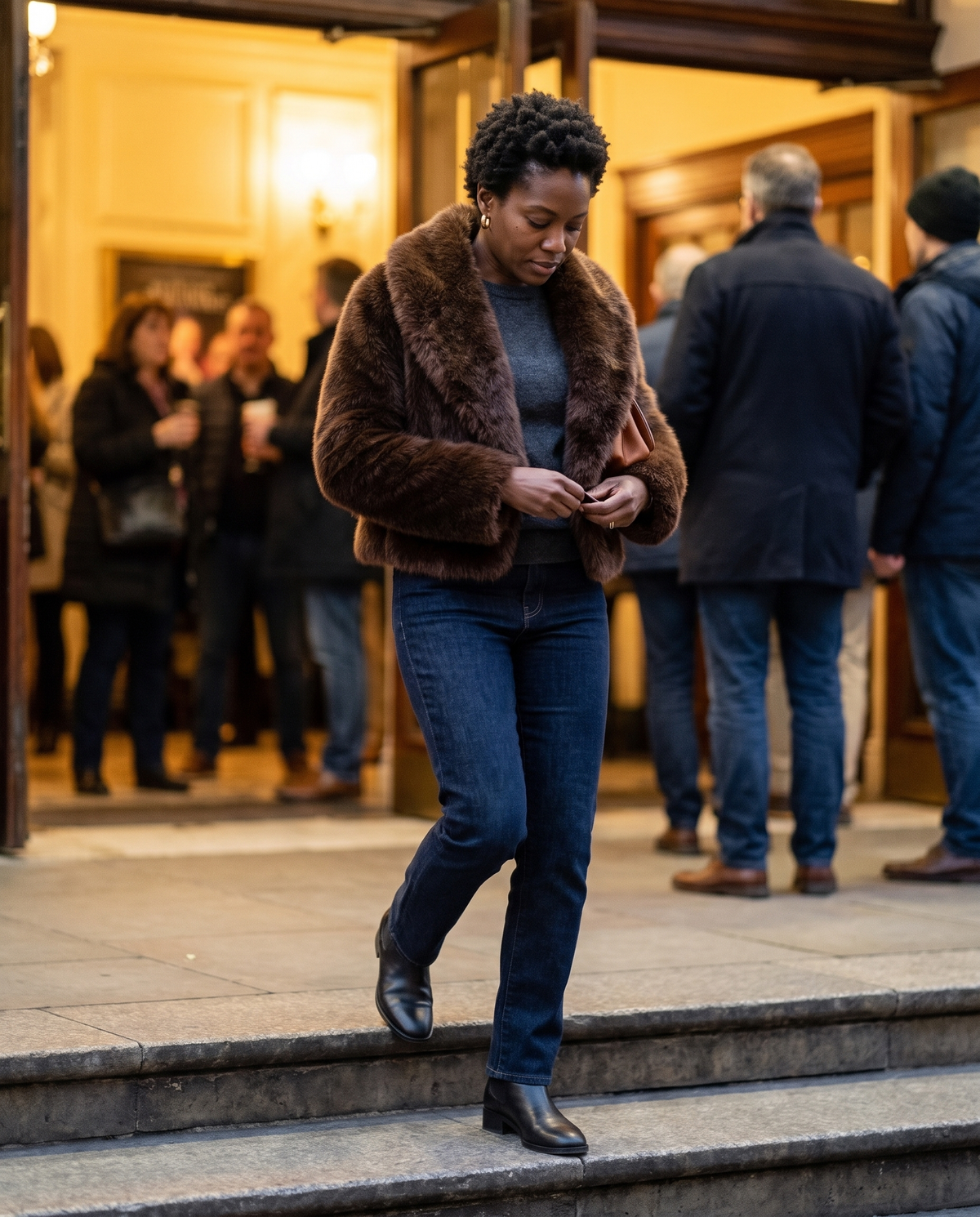 Cropped Faux Fur Coat with Shawl Collar — leaving the theatre on a cold evening