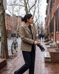 Short Wool-Blend Coat with Notched Collar — stepping out of a Philadelphia rowhouse on a cold morning
