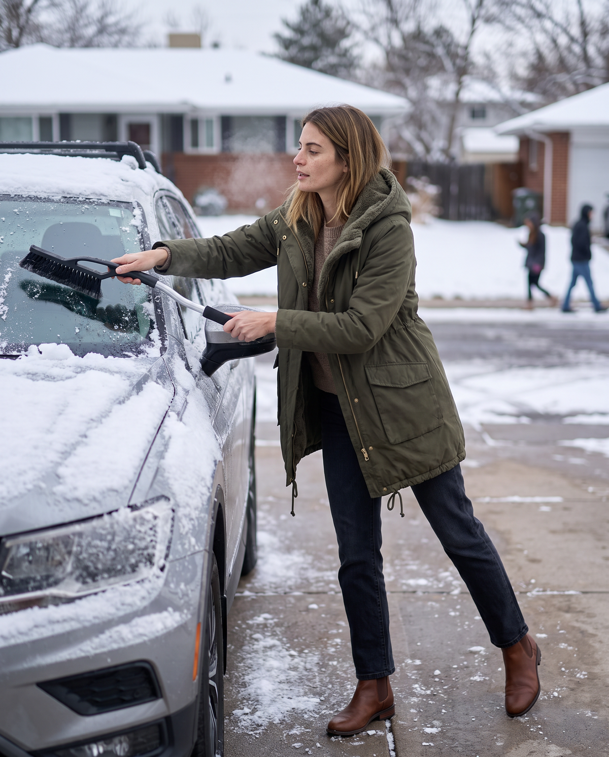 Plush-Lined Hooded Parka with Drawstring Hem — clearing snow off the car on a winter morning