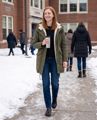Plush-Lined Hooded Parka with Drawstring Hem — on a snowy school run in New England