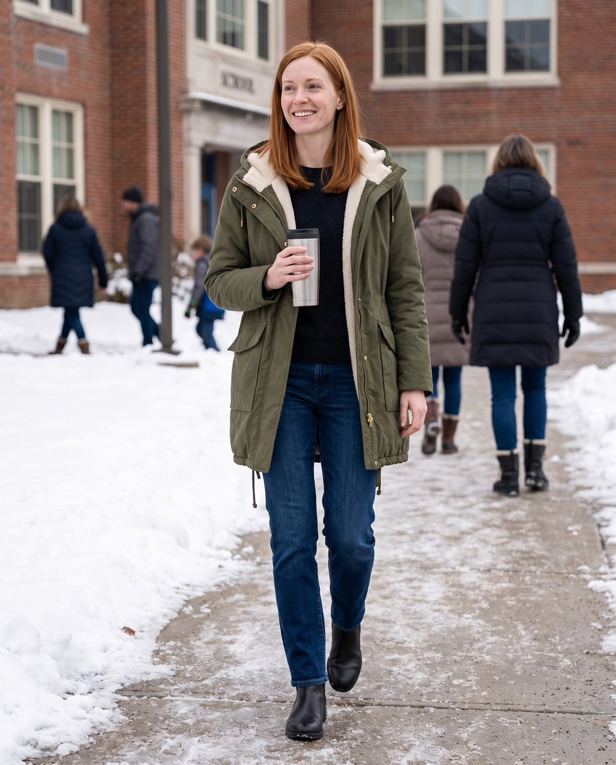 Plush-Lined Hooded Parka with Drawstring Hem — on a snowy school run in New England
