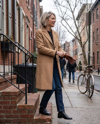 Tailored Wool-Blend Coat with Lapel Collar — stepping out of a Philadelphia rowhouse on a cold morning
