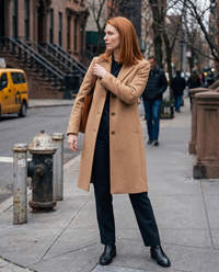 Tailored Wool-Blend Coat with Lapel Collar — waiting to cross a Manhattan street on a cloudy afternoon