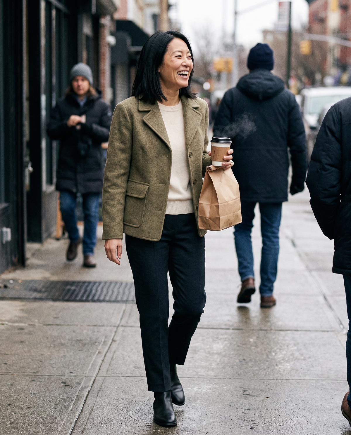 Short Wool-Blend Coat with Notched Collar — leaving a Brooklyn bakery on a chilly Saturday