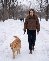 Cropped Puffer Jacket with Plush Collar — walking a dog in a snowy park