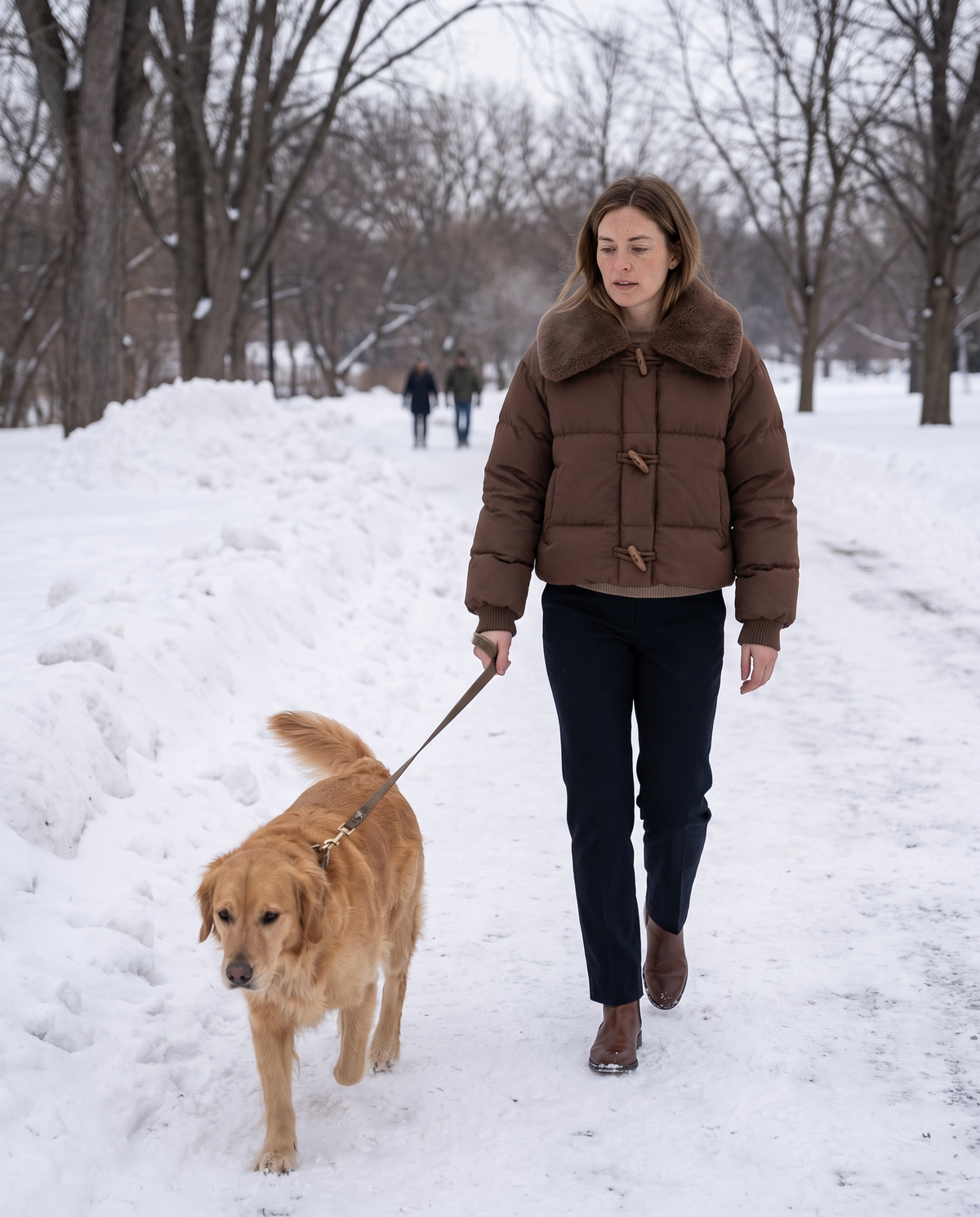 Cropped Puffer Jacket with Plush Collar — walking a dog in a snowy park