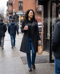 Fitted Hooded Coat with Textured Finish — leaving a Brooklyn bakery on a chilly Saturday