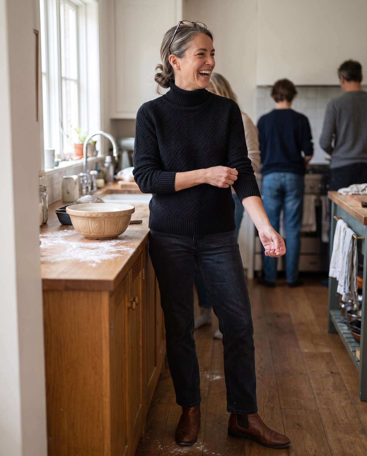 Thornbury Warm Ribbed-Cuff Geometric Knit Turtleneck Sweater — baking at home on a Sunday morning