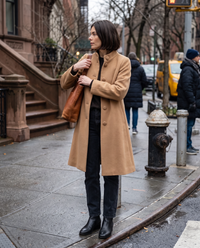 A-Line Coat with Stand Collar — waiting to cross a Manhattan street on a cloudy afternoon