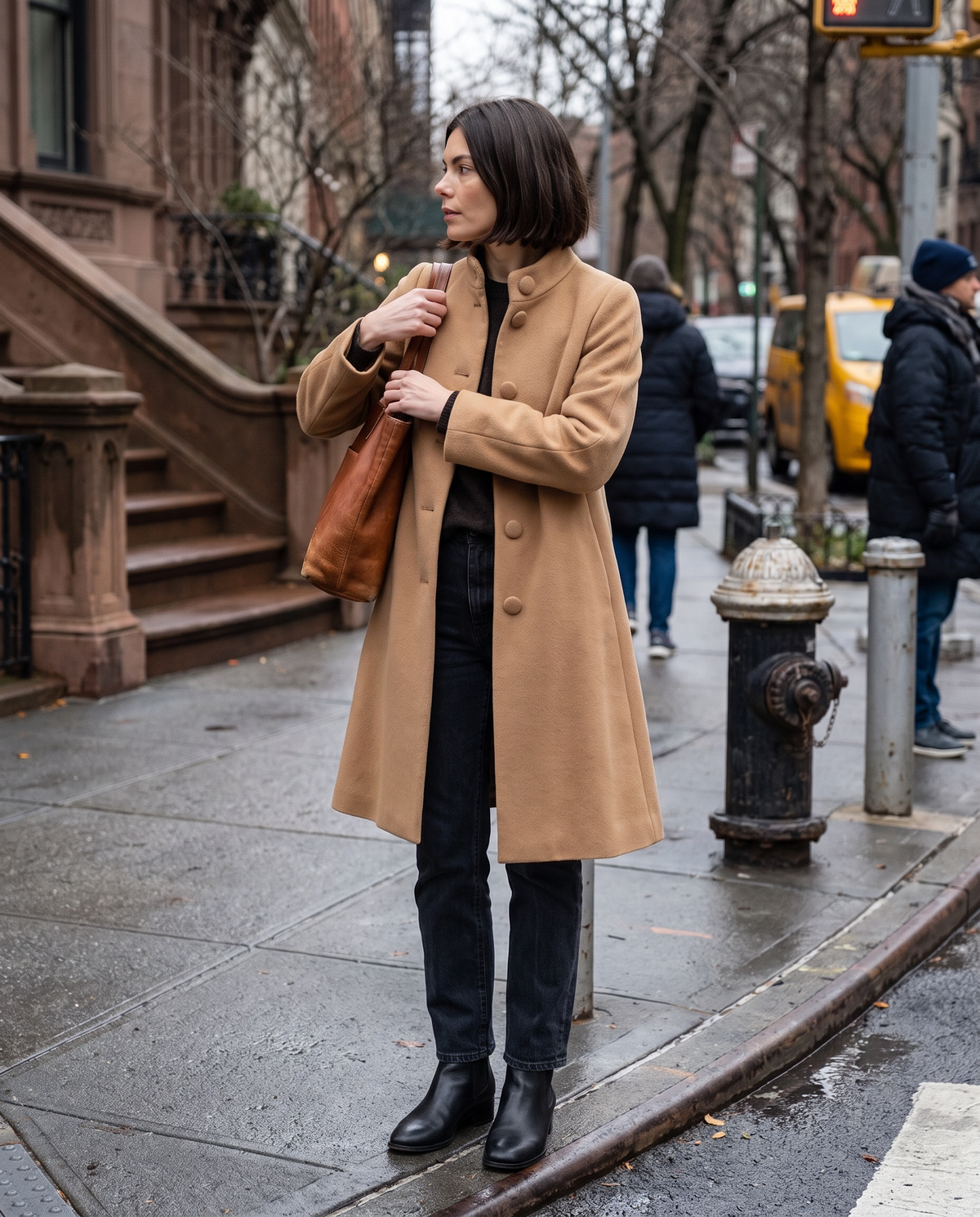 A-Line Coat with Stand Collar — waiting to cross a Manhattan street on a cloudy afternoon